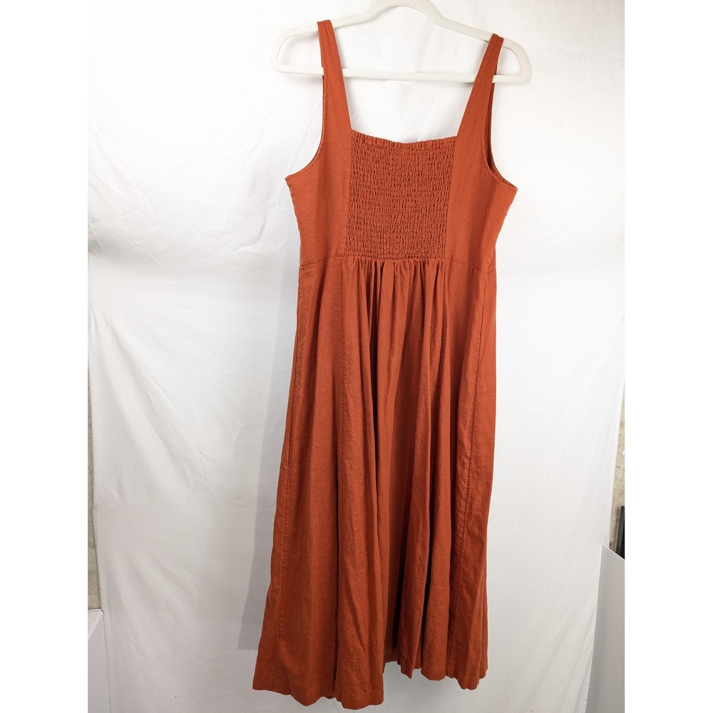 Linen Sweetheart Sleeveless Smocked Dress L Rust Orange Cottagecore Coastal Boho - Picture 7 of 9